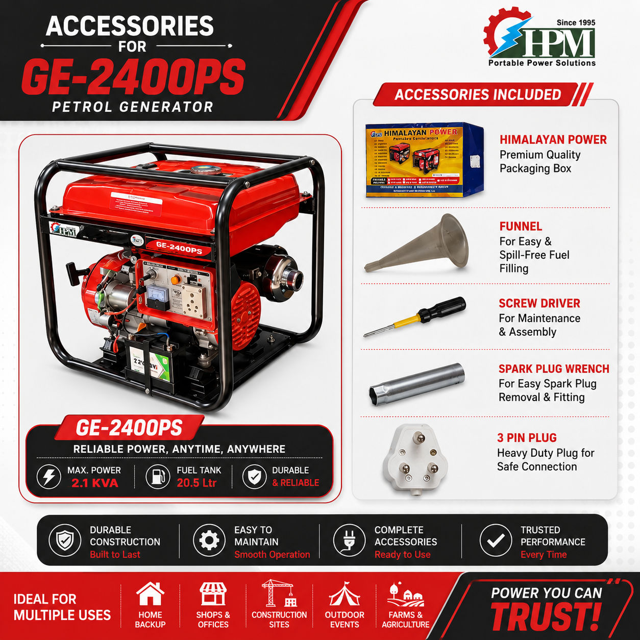 2KVA Portable Generator, Model GE-2400PS, Petrol Run Recoil & Self Start